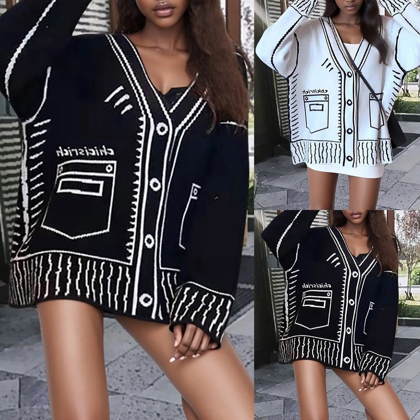 Lightweight Y2k Cardigan Women Funny Printed Dropped Shoulder Loose Fit Sweater Harajuku Slouchy Buttons Up Casual Outerwear