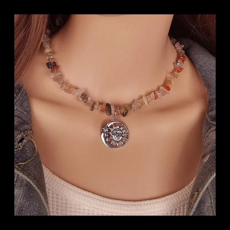 Ladies Retro Natural Gravel Handmade Beaded Collarbone Chain Ethnic Style Sun and Moon Pendant Necklace Jewelry Wholesale