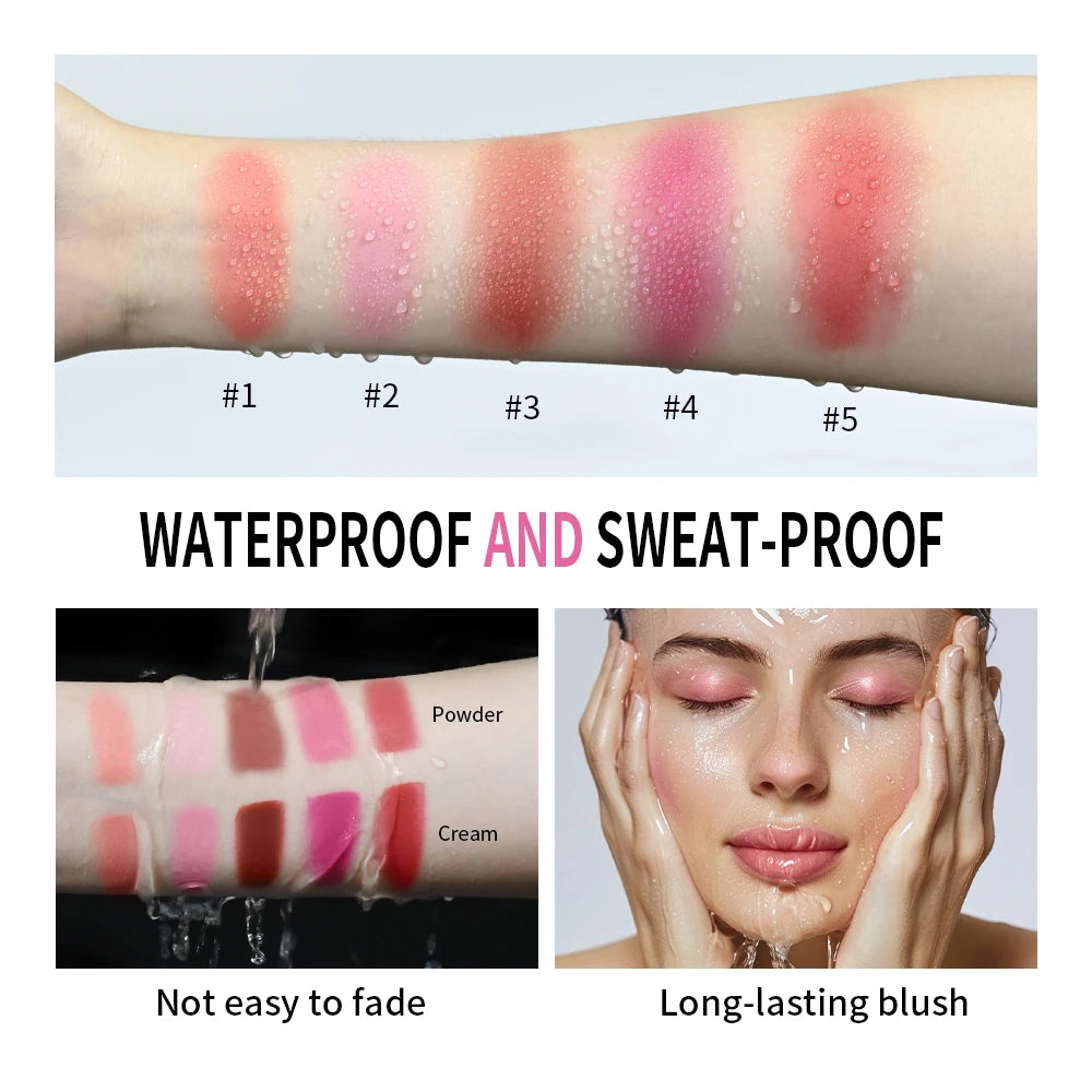 Waterproof Cream & Powder Blush 5Colors Matte Dewy Rosy Blush Makeup Pan Long-lasting Wearing High Natural  Blush Cosmtics
