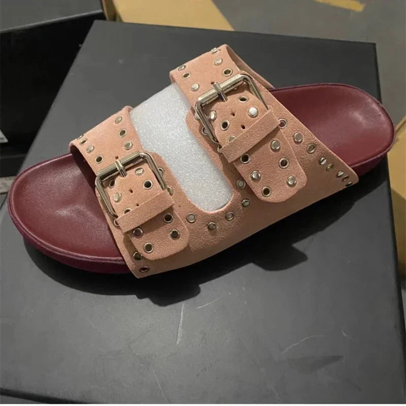 Sandals Woman Summer 2024 Beach Open Toe Slippers Flat Shoes Sandals Unisex Buckle Rivet Decoration Slip On Roman Big Size 43