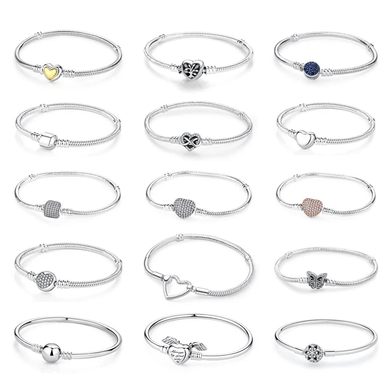 Original 925 Sterling Silver Bracelet for Women Charms Beads Rose Gold Heart Bracelets Bangles Snake Chain Luxury Jewelry Gift