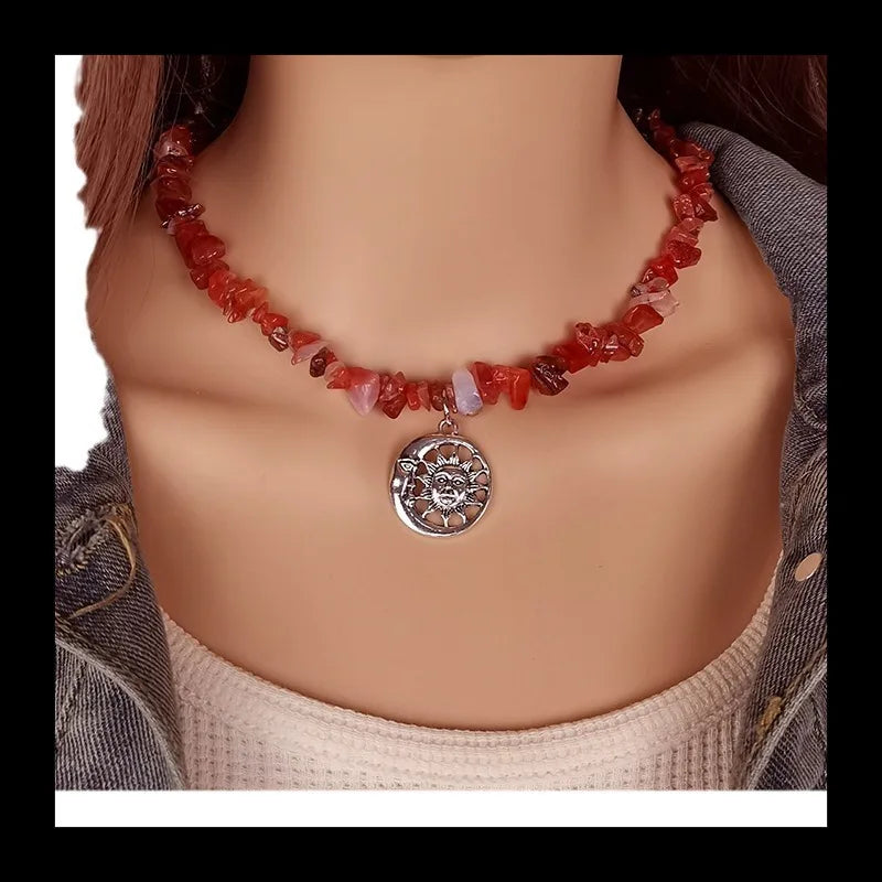 Ladies Retro Natural Gravel Handmade Beaded Collarbone Chain Ethnic Style Sun and Moon Pendant Necklace Jewelry Wholesale