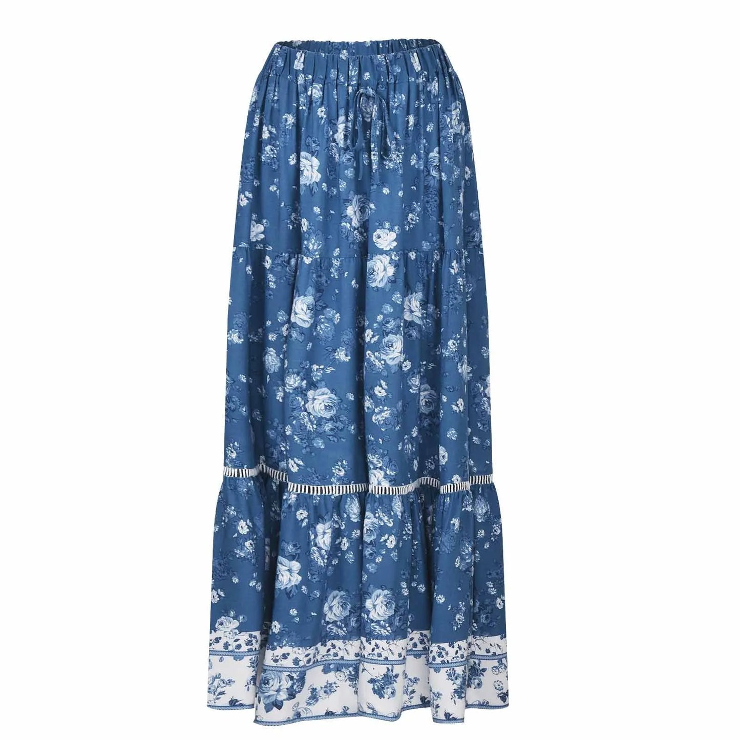 Women Bohemian A Line Skirt Summer Beach Boho Printed High Waist Drawstring Long Midi Skirt Large Swing Casual Pleated Faldas