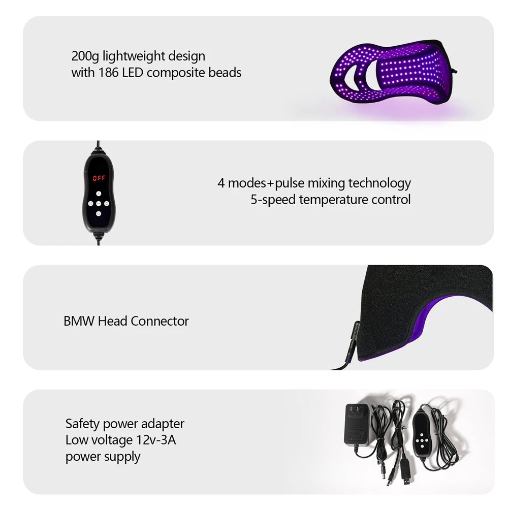 Hair Growth Device LED Face Mask LLLT 4 Colors 660nm 850nm Skin Rejuvenation&Whiten Anti Aging Prevent Hair Loss& Nourish Hair