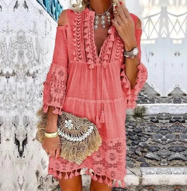 Holiday Dress Solid Hollow Out V-Neck Lace Sexy Dresses Bohemian Style Big Size Dress Vestidos Tassel Sexy Boho Long Dress Women