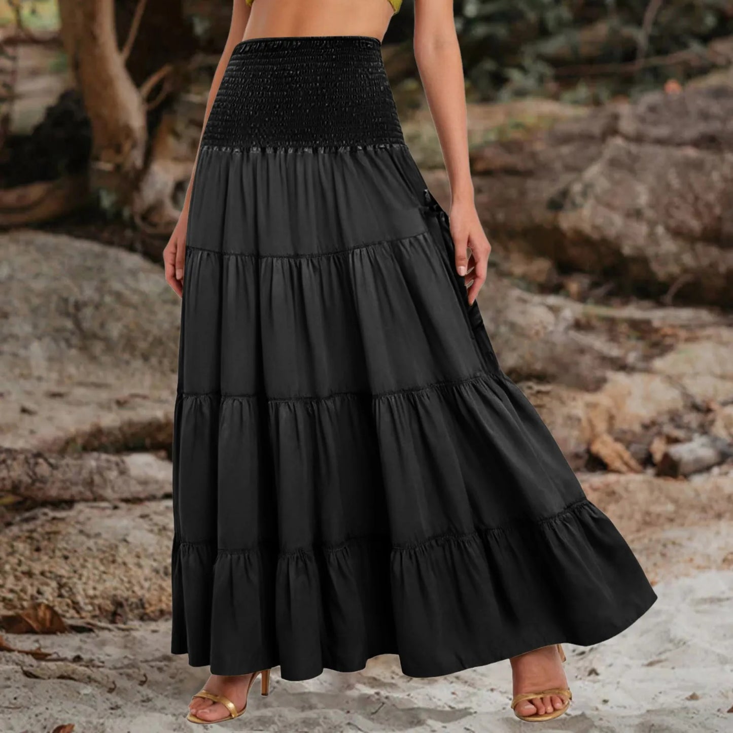 Boho Tiered A-Line Skirt Women Forest Fairy Pockets Patchwork Long Dress Elastic Waist Vintage Hippie Gypsy Maxi Skirt 스커트