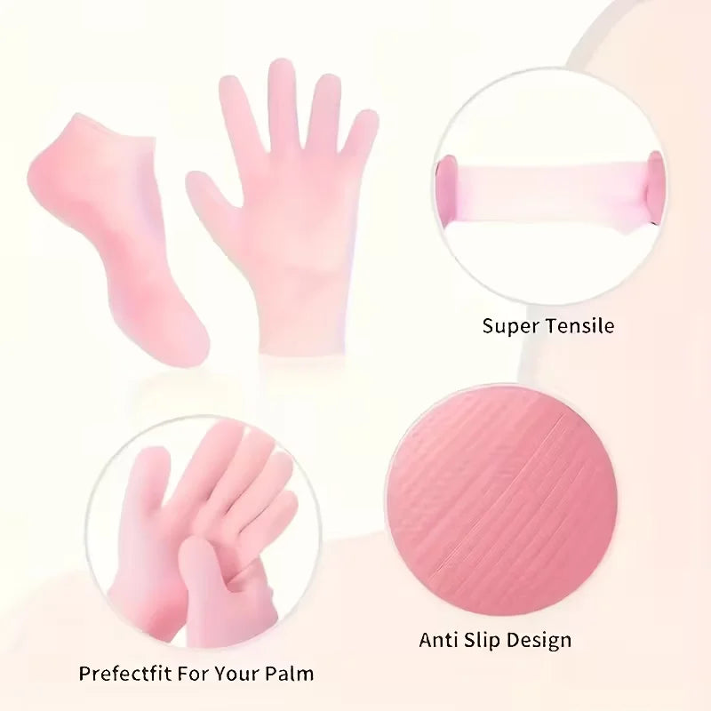 Silicone Moisture Socks & Gloves Set for Dry Cracked Skin, 4-Pc Reusable Non-Slip Treatment, Unscented