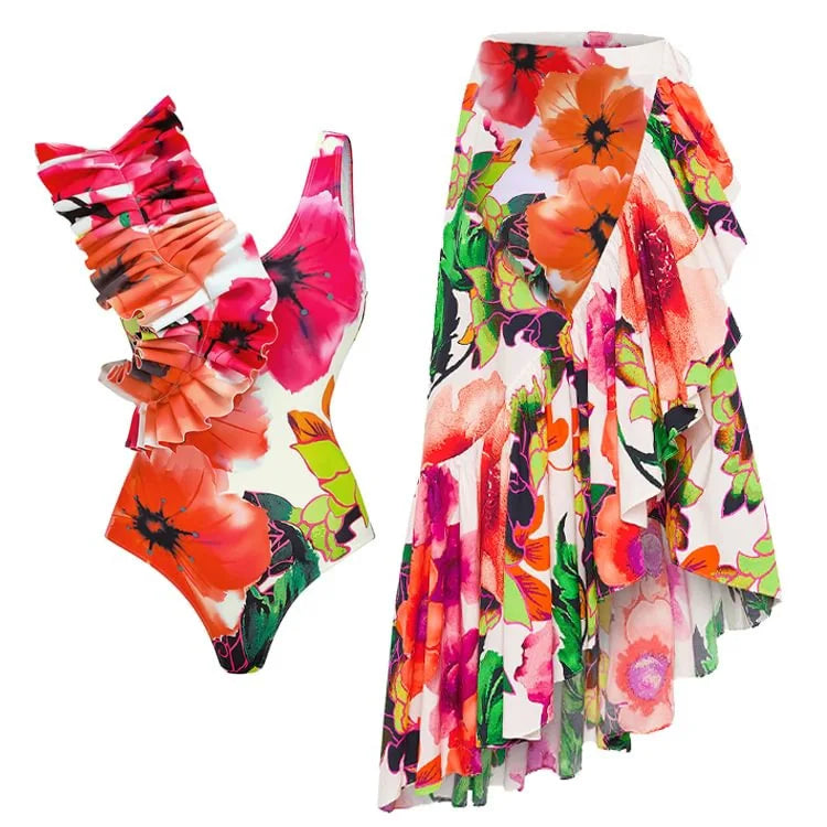 2 Pieces Retro Printed Swimsuit With Cover Up Sexy Women Swimwear 2025 V Neck Bikinis Female Biquini 3XL Bodysuit Beachwear
