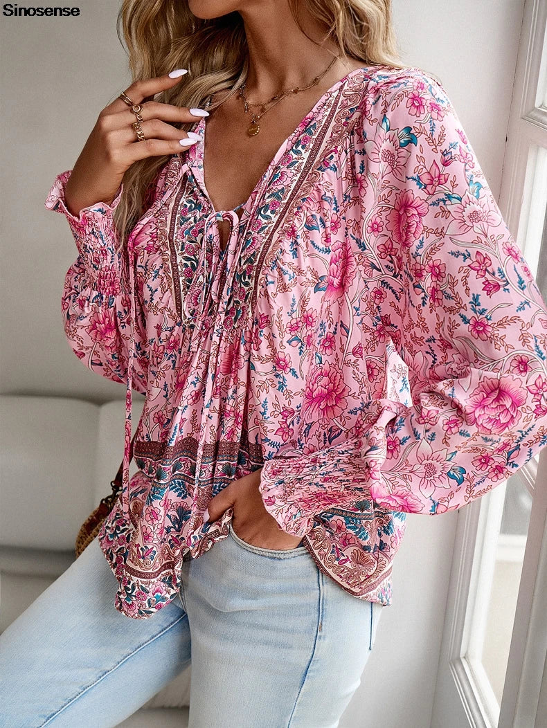 Women Vintage Floral Print Boho Blouse Sexy V Neck Long Sleeve Tops Casual Date Work Party Summer Beach Loose Blouses Shirts