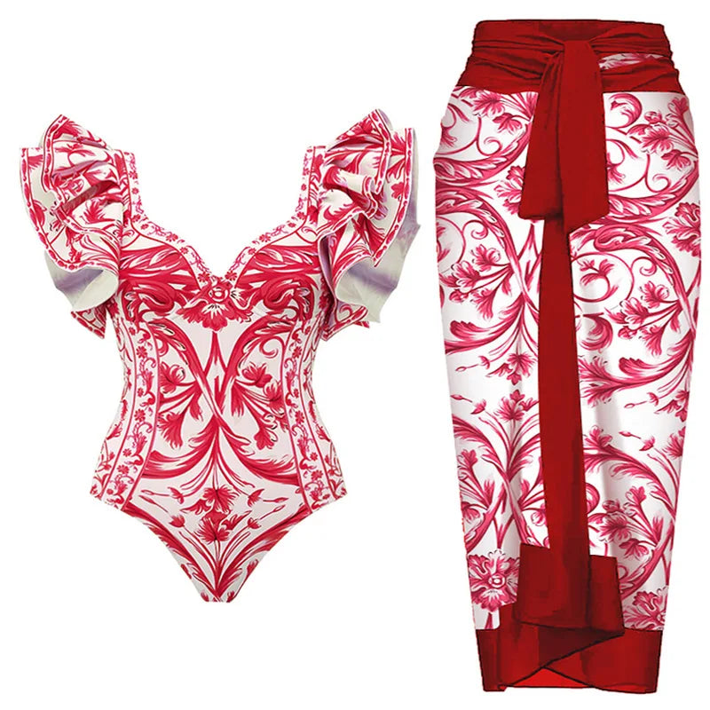 2 Pieces Retro Printed Swimsuit With Cover Up Sexy Women Swimwear 2025 V Neck Bikinis Female Biquini 3XL Bodysuit Beachwear