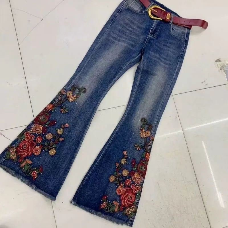 New Large-sized Heavily Embroider Diamond-encrusted High-waisted Slimming Draping Fashion Versatile Slightly Flared Jeans Women