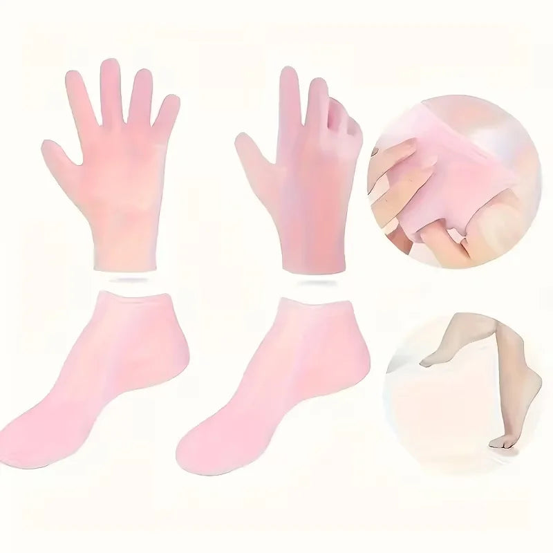 Silicone Moisture Socks & Gloves Set for Dry Cracked Skin, 4-Pc Reusable Non-Slip Treatment, Unscented