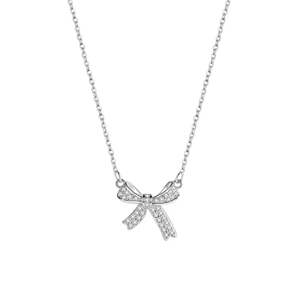 Kpop Crystal Bow Pendant Necklace For Women Simple Gold Color Stainless Steel Clavicle Chain Jewelry Fashion Accessories