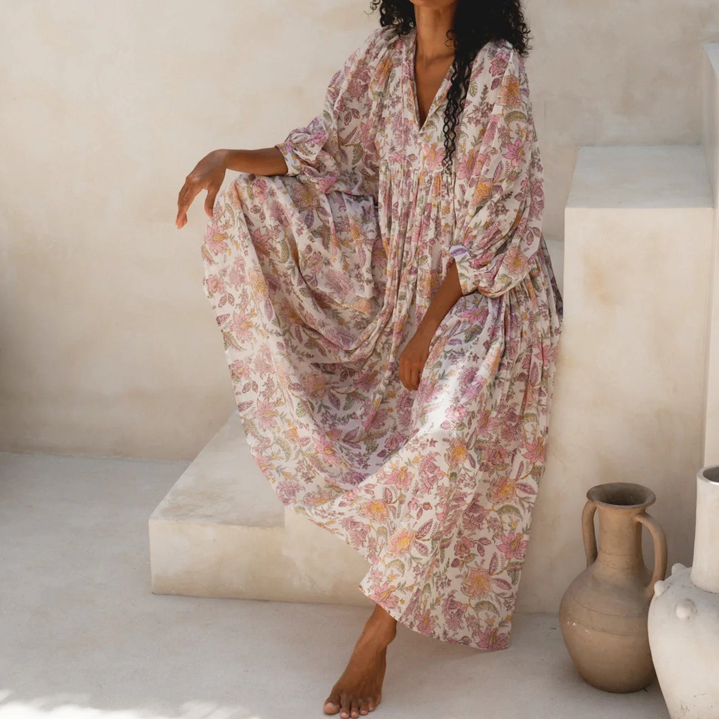 Women Floral Maxi Dress Y2k Boho Printed 3/4 Lantern Sleeve V Neck Dress Holiday Beach Loose Swing Sundress Party Clubwear