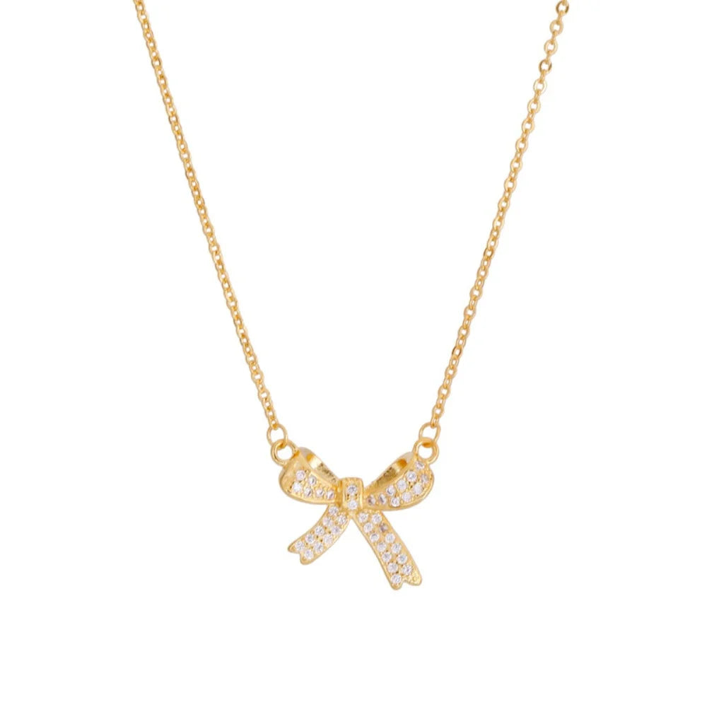 Kpop Crystal Bow Pendant Necklace For Women Simple Gold Color Stainless Steel Clavicle Chain Jewelry Fashion Accessories
