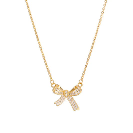 Kpop Crystal Bow Pendant Necklace For Women Simple Gold Color Stainless Steel Clavicle Chain Jewelry Fashion Accessories