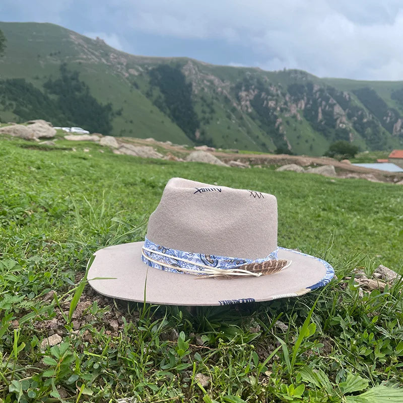 Western Style 100% Wool Fedora Hat | Braided Ribbon & Feather Trim Felted Jazz Cap for Autumn/Winter