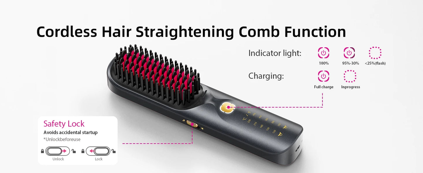 Cordless Hair Straightener Portable Brush 30s Fast Heating 10000mAh Rechargeable 300 Million Negative Ions Straightening Comb