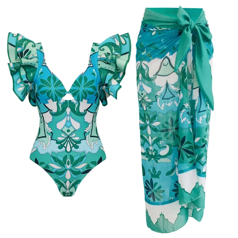 2024 New Sexy Ruffle Bikini Set Printed Brazilian Biquini Women Swimwear Skirt Bathing Suit Girls Summer Beachwear Dress