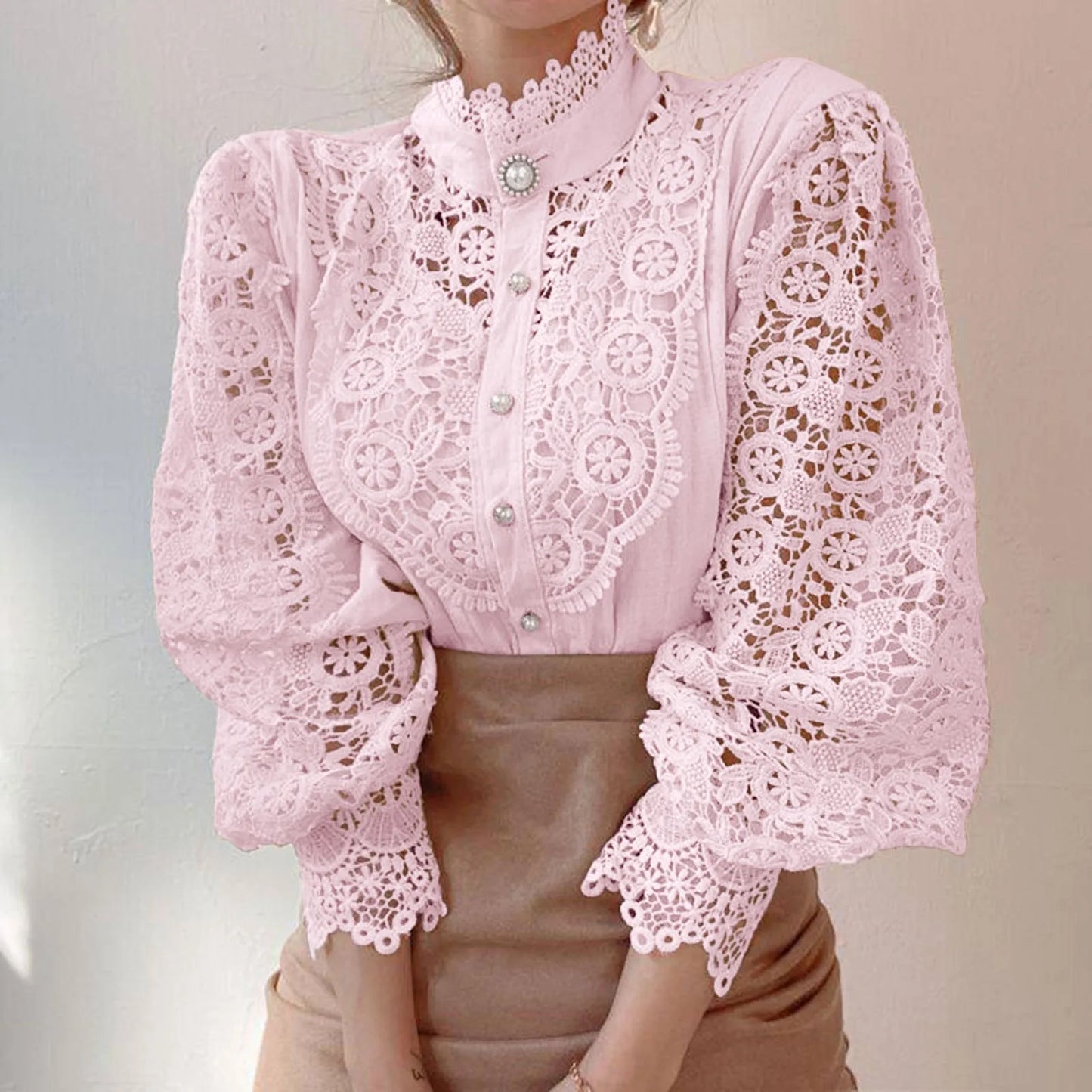 Women Fashion Elegant Lace Shirts Casual Solid Lace Hollow Out Long Sleeve Stand Collar Blouse Ladies Temperament Shirts Tops