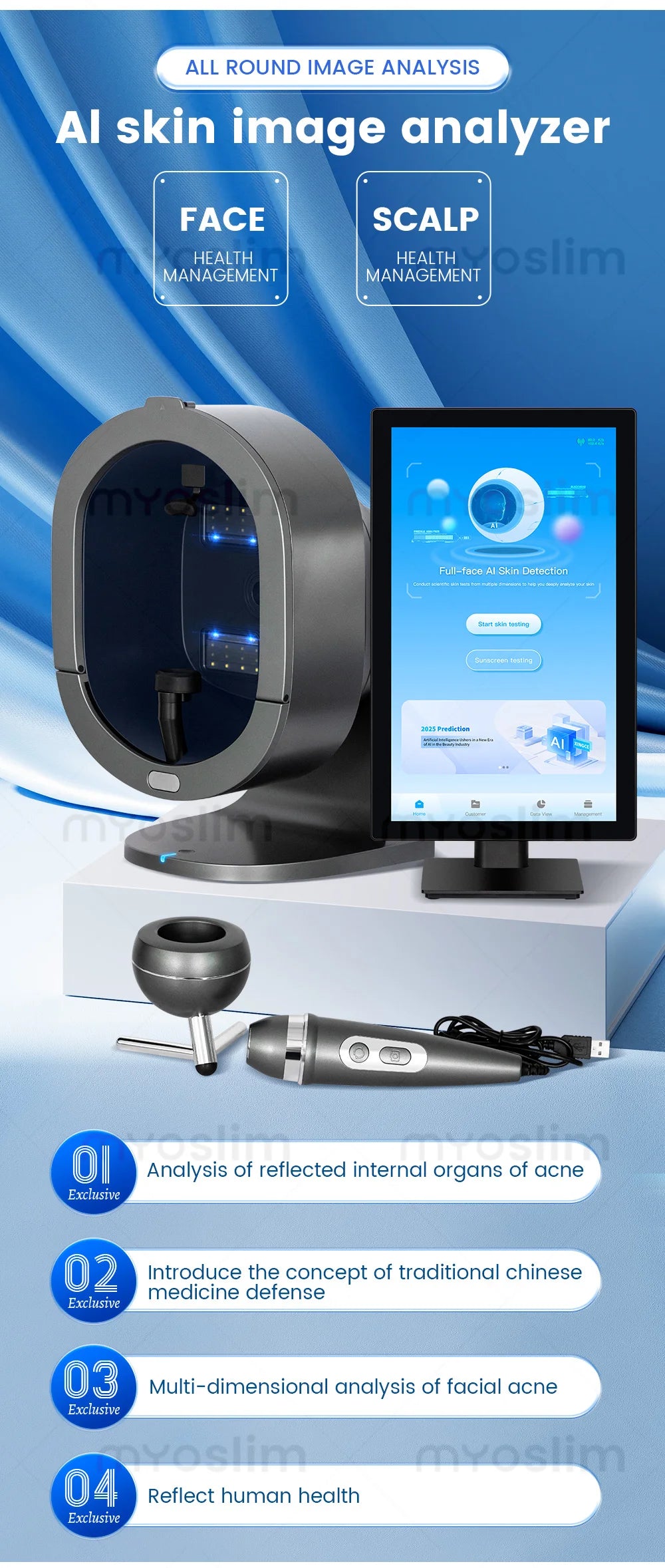 Professional 3D Facial Skin Analyzer Scanner with Dermatoscope and Face Mirror for Skin Face Diagnostics Analysis Machine.