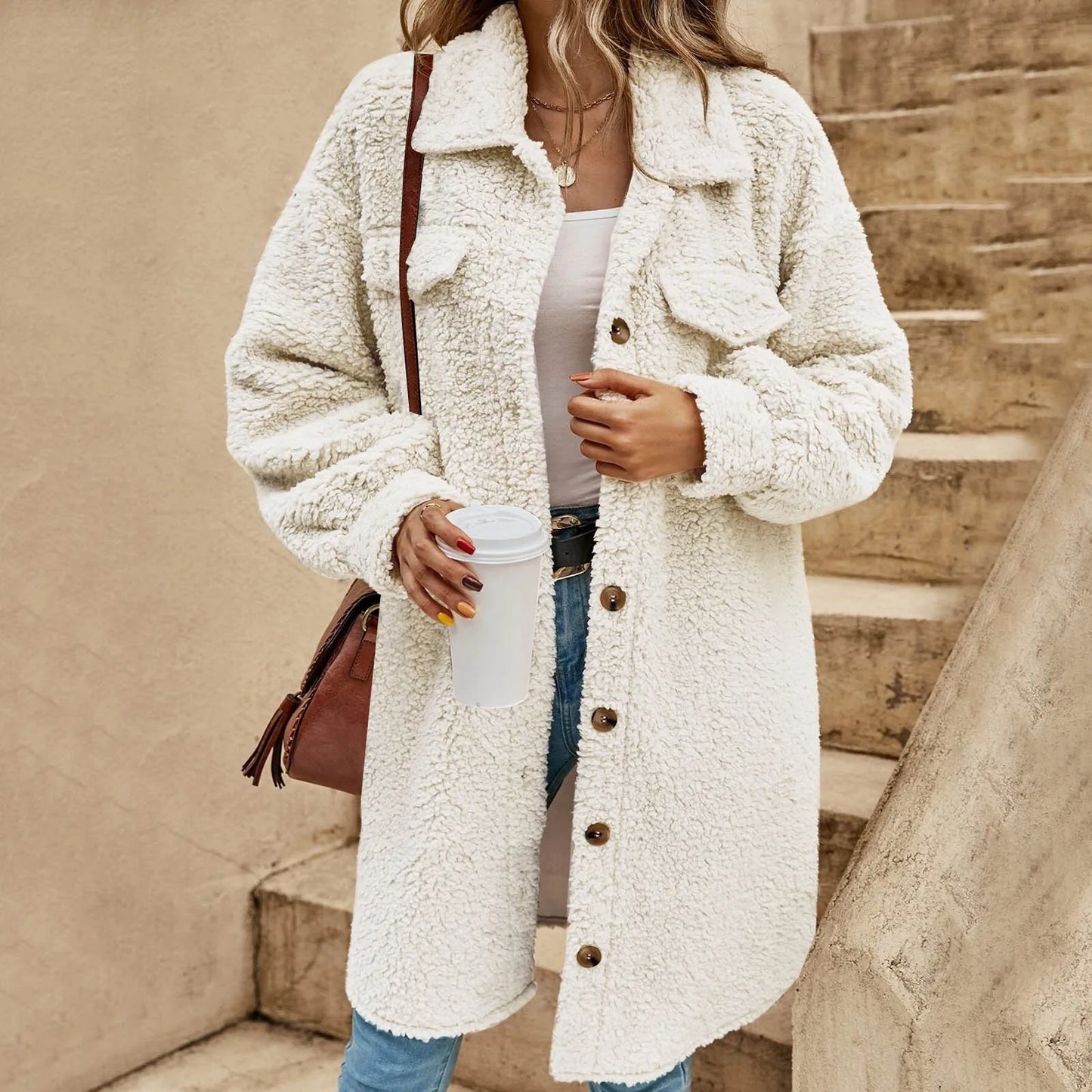Fleece Winter Coats For Women Jacket Long Sleeve Lapel Button Cardigan Warm Outerwear Solid Long Coat Ladies Fashion Jacket