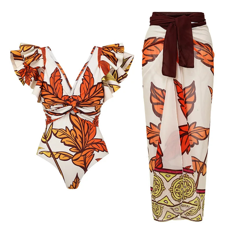 2025 New 2-Piece Shoulder Ruffle Swimsuit With Cover Up Sexy Women Swimwear Push Up Biquini Bathsuit Bodysuit Beachwear Dress