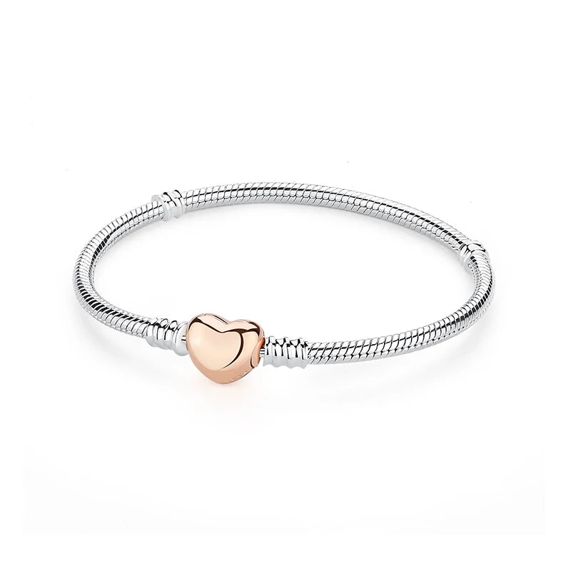 Original 925 Sterling Silver Bracelet for Women Charms Beads Rose Gold Heart Bracelets Bangles Snake Chain Luxury Jewelry Gift