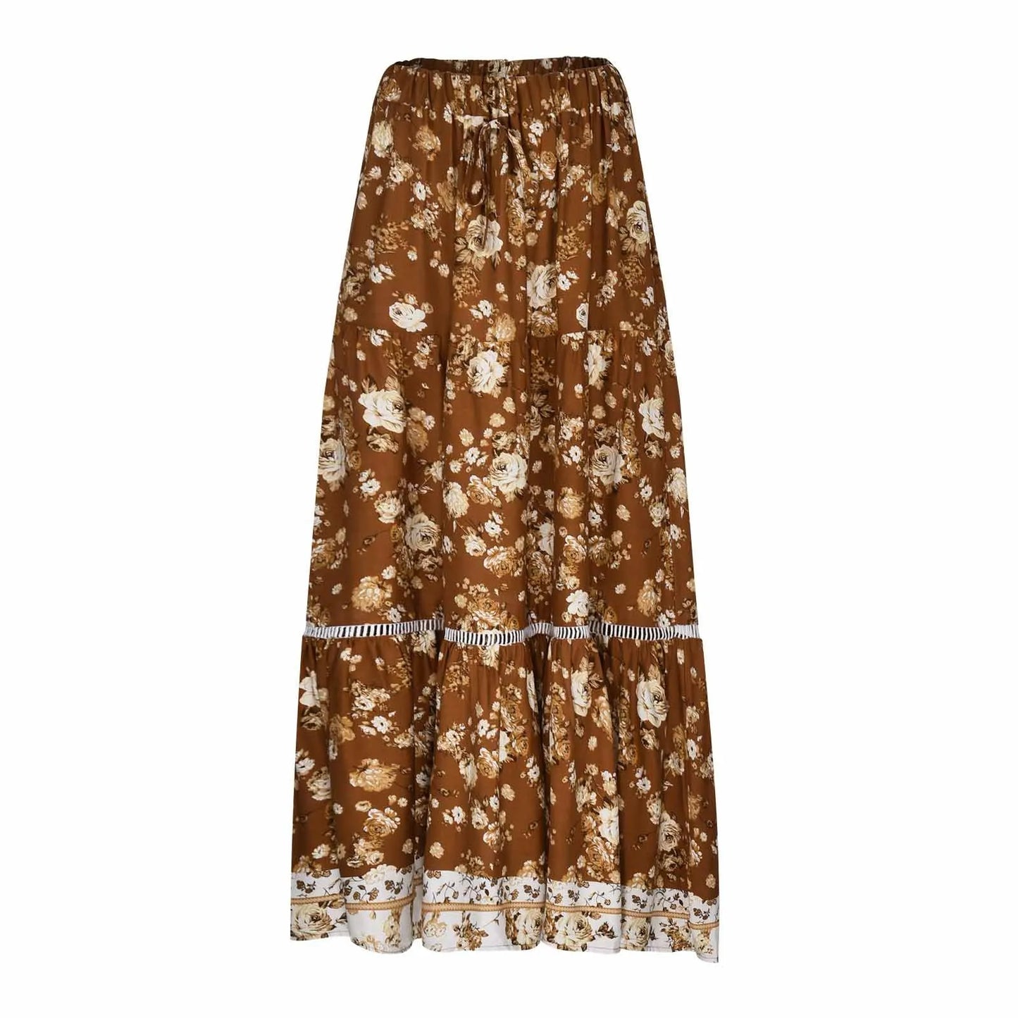 Women Bohemian A Line Skirt Summer Beach Boho Printed High Waist Drawstring Long Midi Skirt Large Swing Casual Pleated Faldas