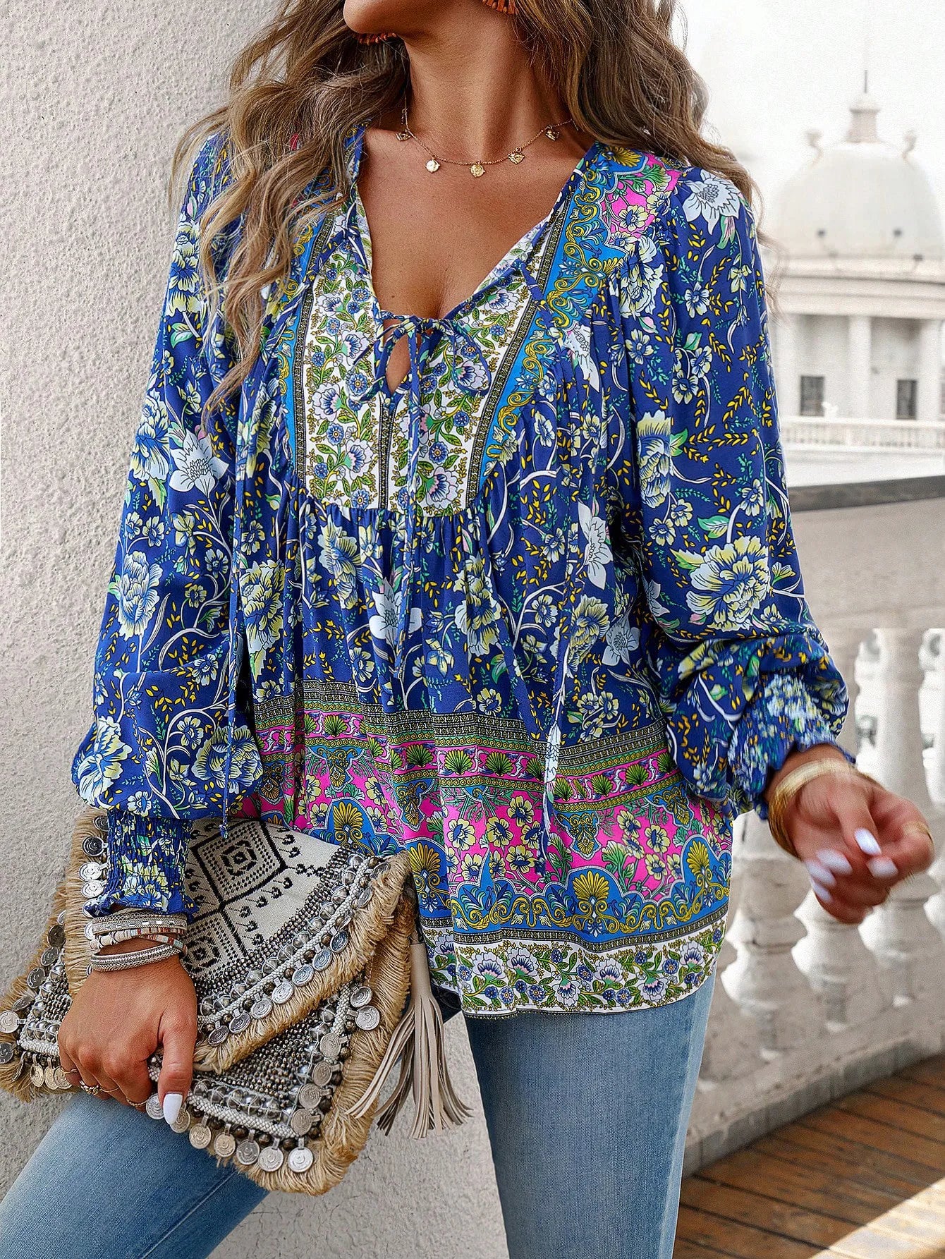 Women Vintage Floral Print Boho Blouse Sexy V Neck Long Sleeve Tops Casual Date Work Party Summer Beach Loose Blouses Shirts