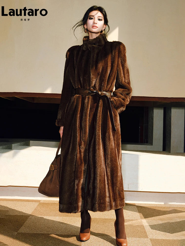 Lautaro Spring Winter Long Soft Thick Warm Brown Faux Mink Fur Coat Women Luxury High Quality Elegant Chic Fluffy Overcoat 2025