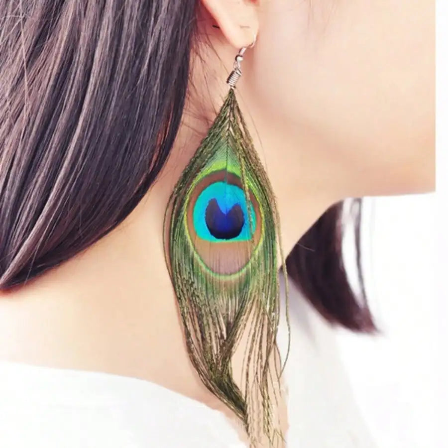 Bohemian Peacock Feather Earrings, Vintage Handmade Dangle Jewelry for Women