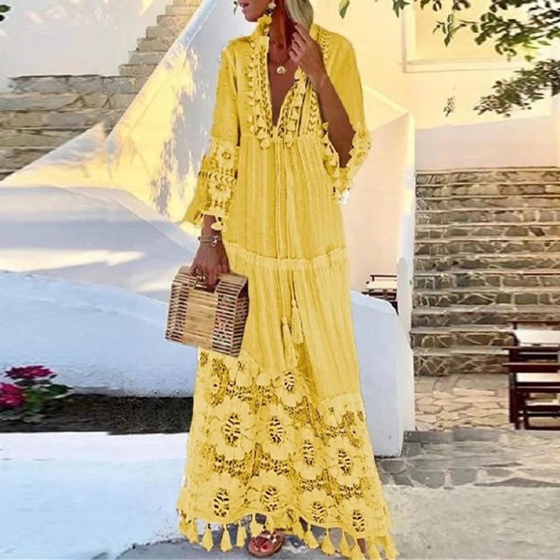 Holiday Dress Solid Hollow Out V-Neck Lace Sexy Dresses Bohemian Style Big Size Dress Vestidos Tassel Sexy Boho Long Dress Women