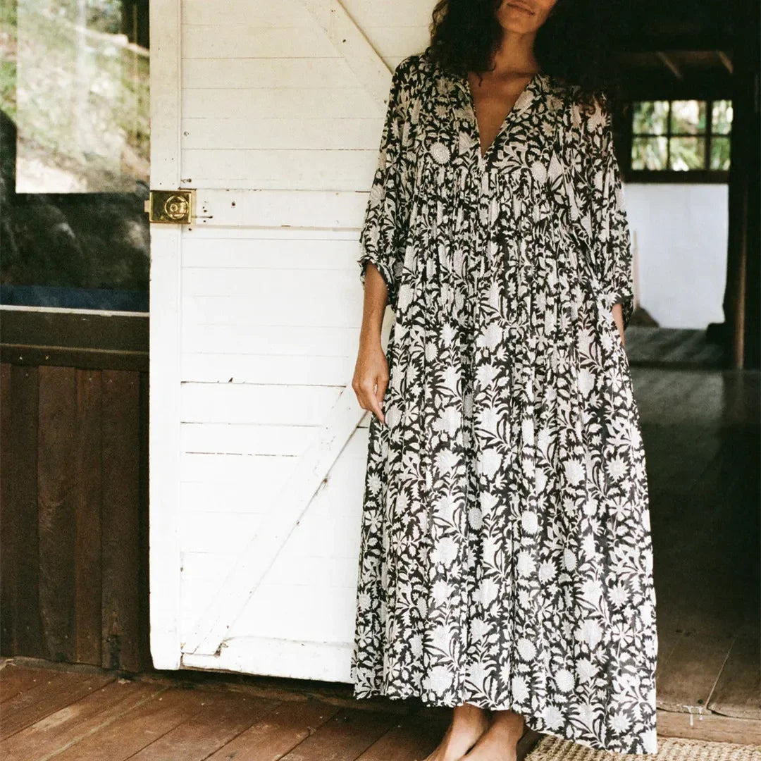 Women Floral Maxi Dress Y2k Boho Printed 3/4 Lantern Sleeve V Neck Dress Holiday Beach Loose Swing Sundress Party Clubwear
