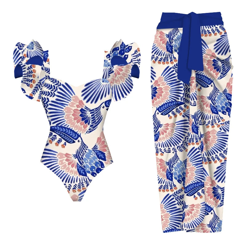 2025 New 2-Piece Shoulder Ruffle Swimsuit With Cover Up Sexy Women Swimwear Push Up Biquini Bathsuit Bodysuit Beachwear Dress