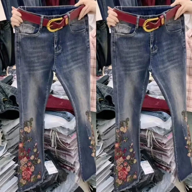 New Large-sized Heavily Embroider Diamond-encrusted High-waisted Slimming Draping Fashion Versatile Slightly Flared Jeans Women