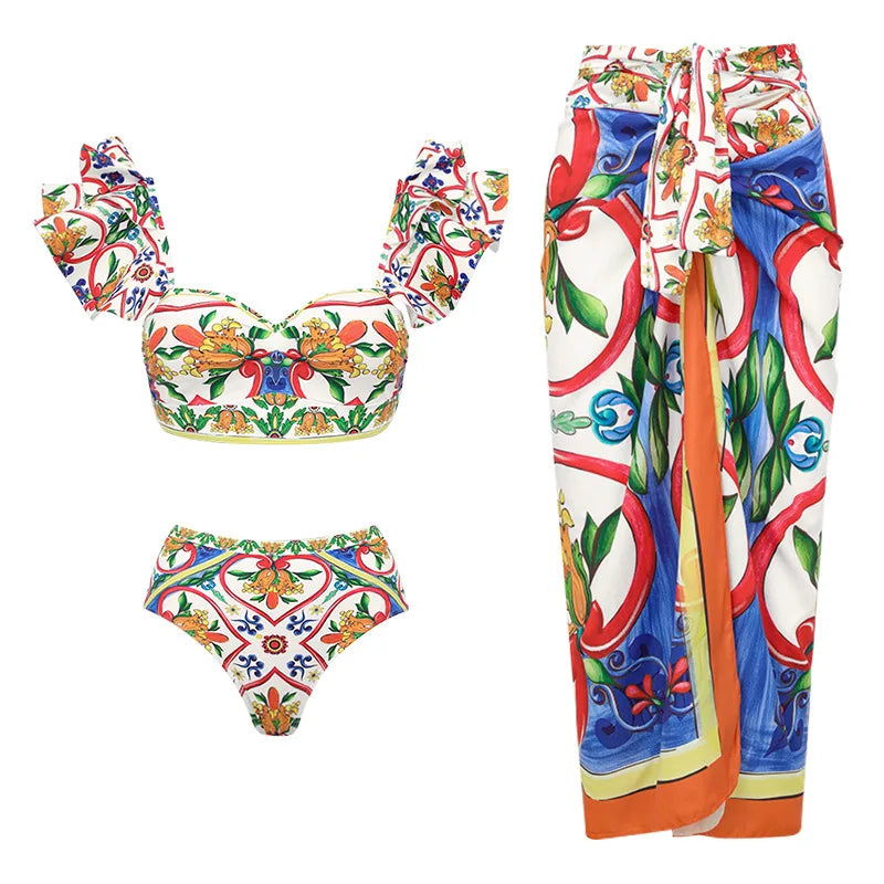 2024 New Sexy Ruffle Bikini Set Printed Brazilian Biquini Women Swimwear Skirt Bathing Suit Girls Summer Beachwear Dress