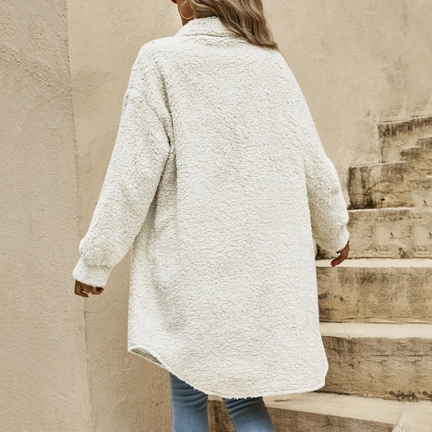 Fleece Winter Coats For Women Jacket Long Sleeve Lapel Button Cardigan Warm Outerwear Solid Long Coat Ladies Fashion Jacket