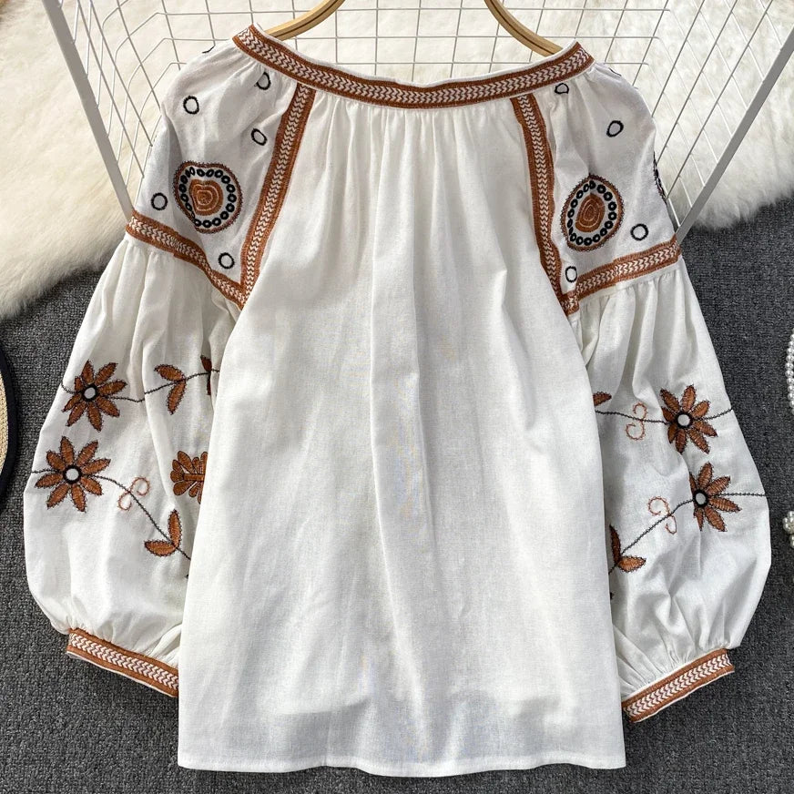 TEELYNN Vintage Long Sleeve Blouses Shirts Women Tops Casual Cotton Linen Floral Embroidery Loose Blouse Summer Boho Beach Blusa