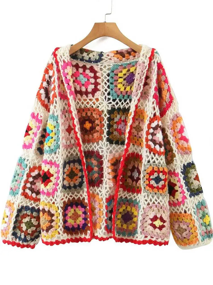 Boho Inspried crochet hand-made cardigan women square pattern knitted cardigan sweater long sleeve boho cardigan autumn winter