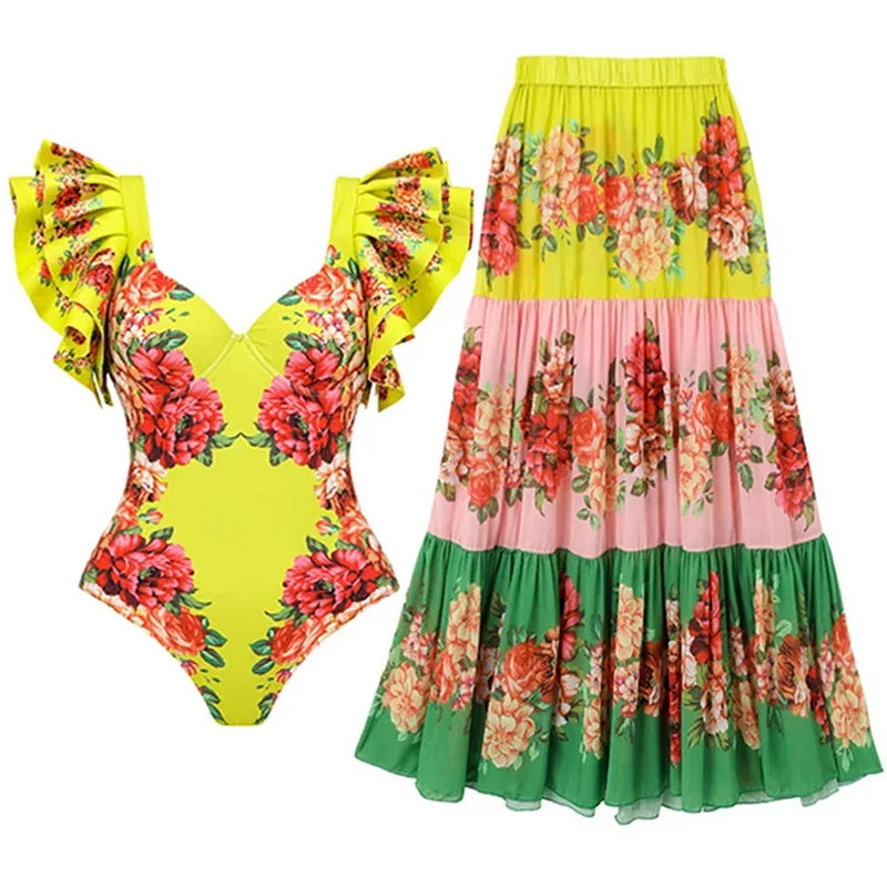 2 Pieces Retro Printed Swimsuit With Cover Up Sexy Women Swimwear 2025 V Neck Bikinis Female Biquini 3XL Bodysuit Beachwear