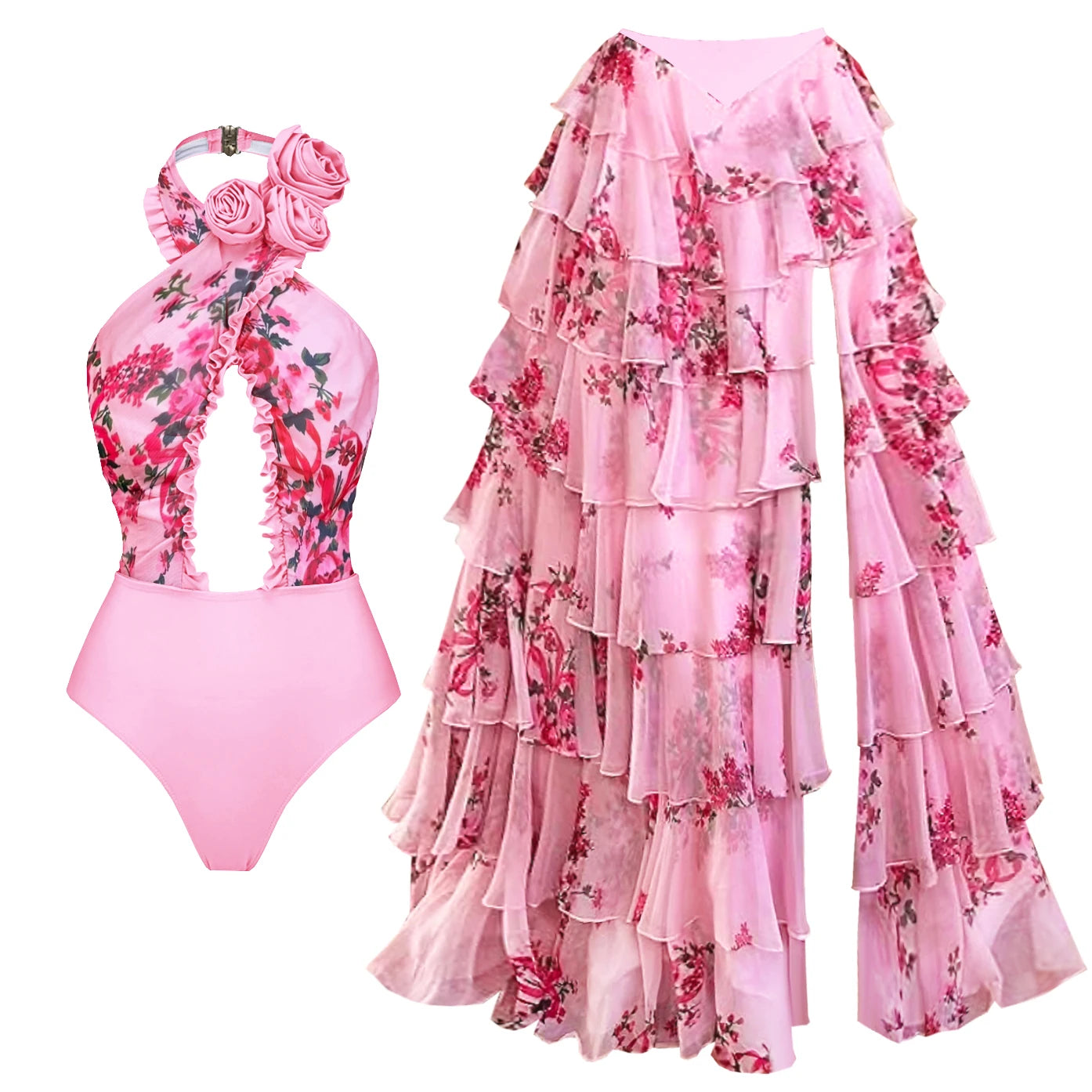 2Pc Flower Swimsuit Women Sexy Swimwear Push Up Bikini Halter Biquini Female Slimming Bathing Suit Bodysuit Beachwear Long Skirt