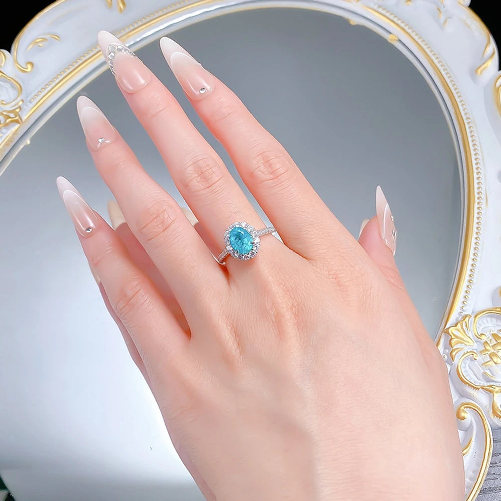 Vinregem 6*8 MM Oval Cut Paraiba Tourmaline High Carbon Diamond 925 Sterling Silver Women Rings Wedding Engagement Fine Jewelry
