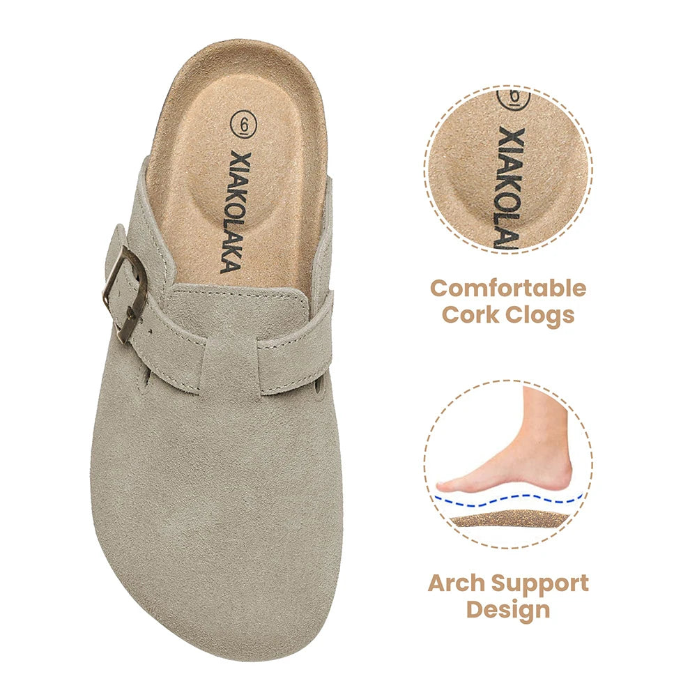 Women's Suede Clogs Shoes Adjustable Buckle Slip Casual Fashion Footbed Home Clog Falt Slippers New 2024