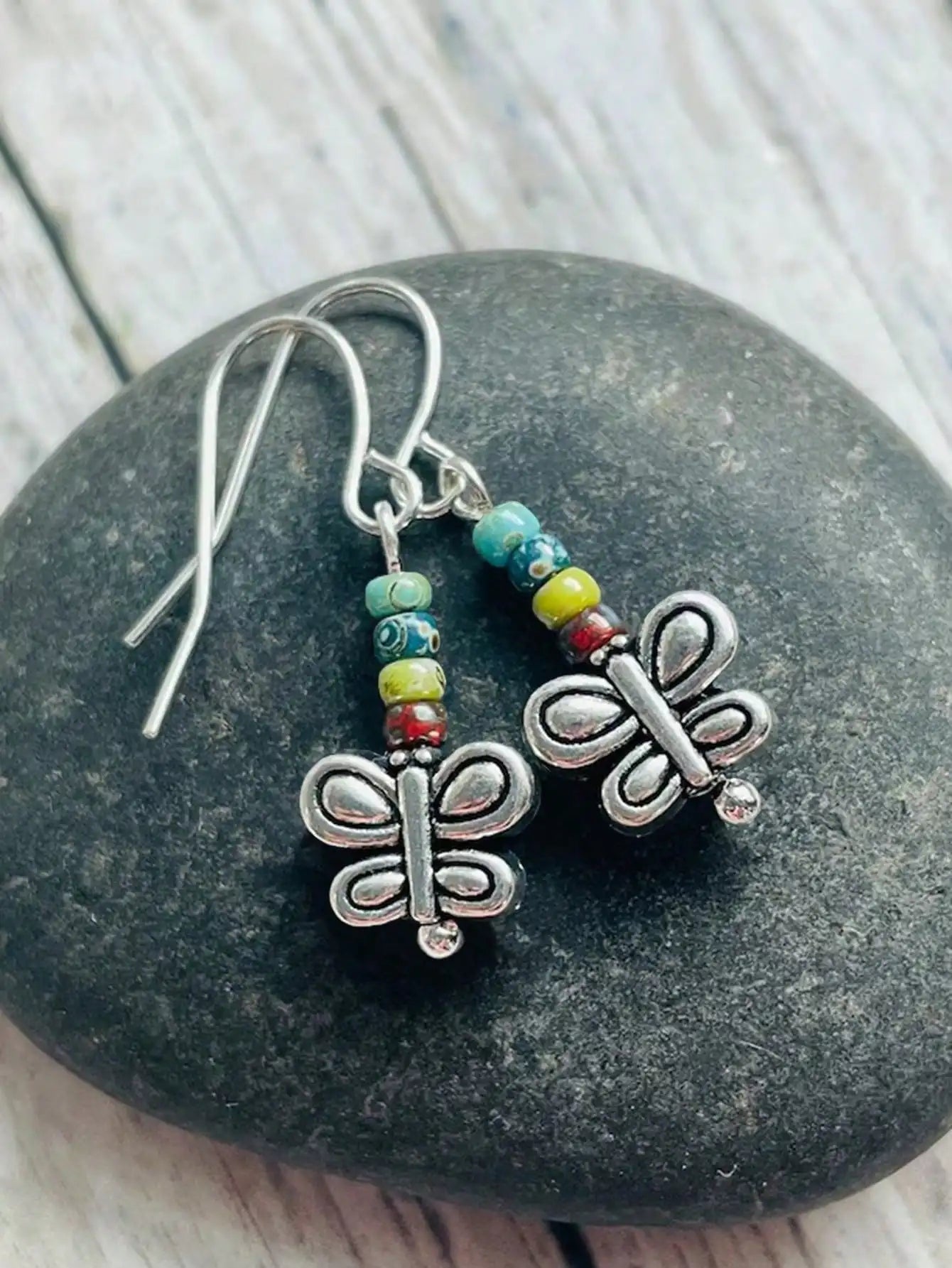 Boho Flower Dangle Earrings with Colorful Beads & Antique Metal Charm, Women's Casual Party Jewelry