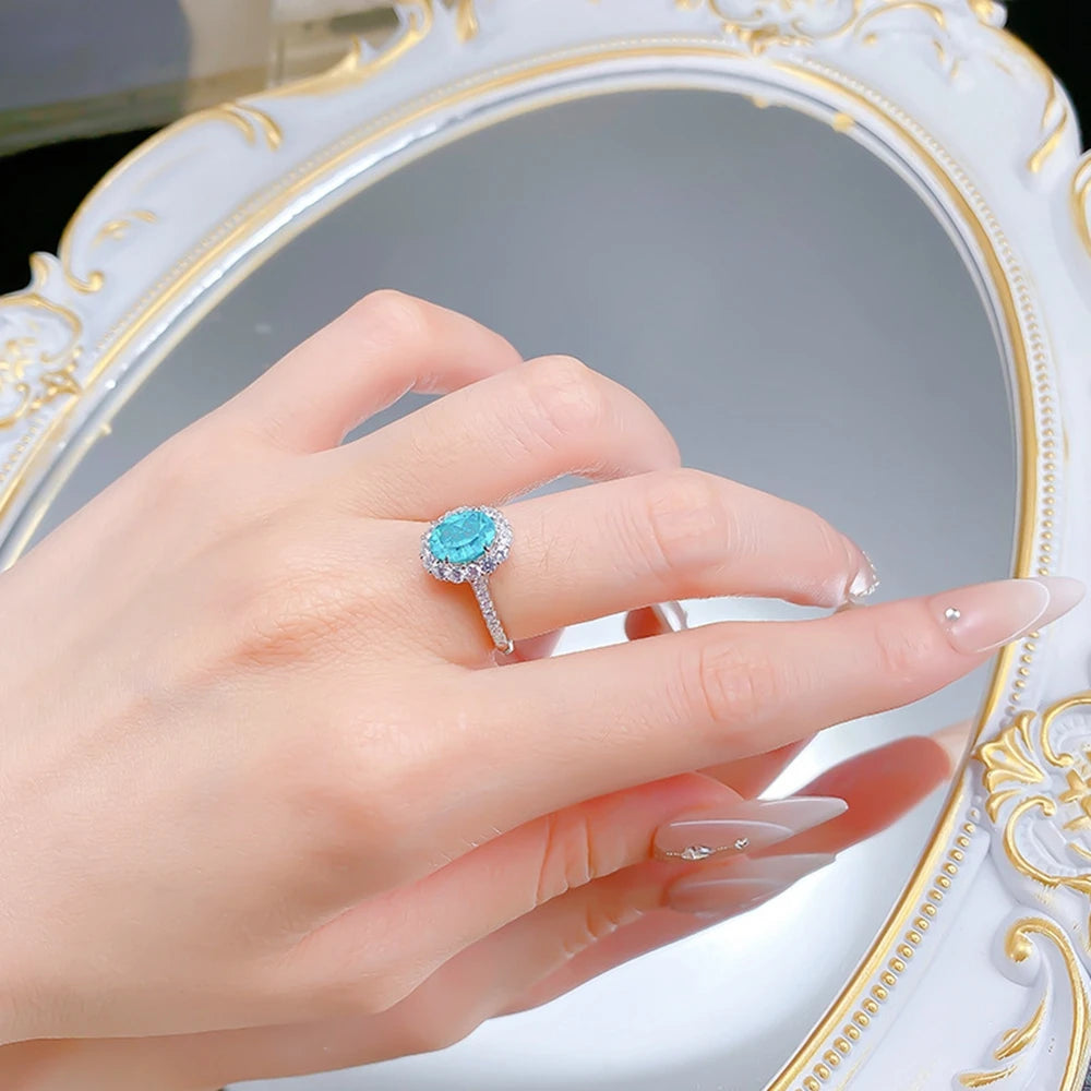 Vinregem 6*8 MM Oval Cut Paraiba Tourmaline High Carbon Diamond 925 Sterling Silver Women Rings Wedding Engagement Fine Jewelry