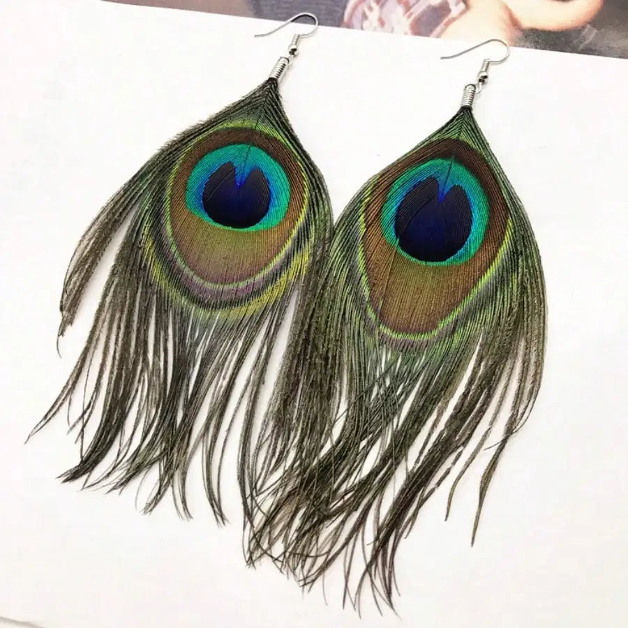 Bohemian Peacock Feather Earrings, Vintage Handmade Dangle Jewelry for Women