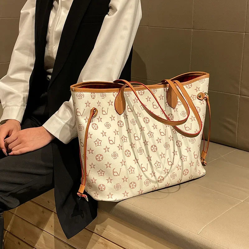 Fashion Printed Large Capacity Tote Bag 2026 New Women's Trendy Versatile Commuter Shoulder Bag Coffee Beige Free Shipping