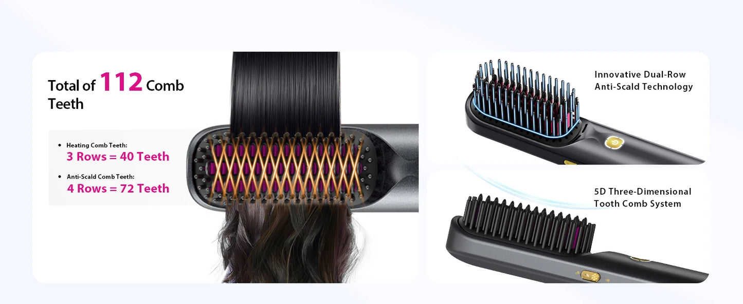 Cordless Hair Straightener Portable Brush 30s Fast Heating 10000mAh Rechargeable 300 Million Negative Ions Straightening Comb