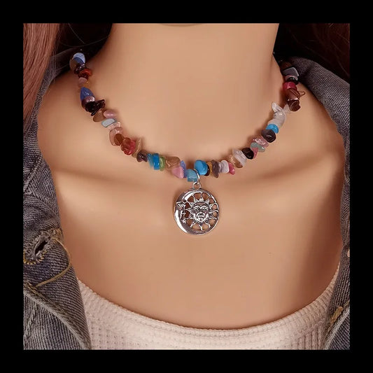 Ladies Retro Natural Gravel Handmade Beaded Collarbone Chain Ethnic Style Sun and Moon Pendant Necklace Jewelry Wholesale